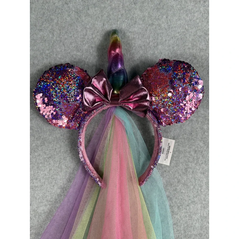 Disney Minnie Mouse Unicorn Ears Headband OS Purple Rainbow Sequin Veil Kidcore